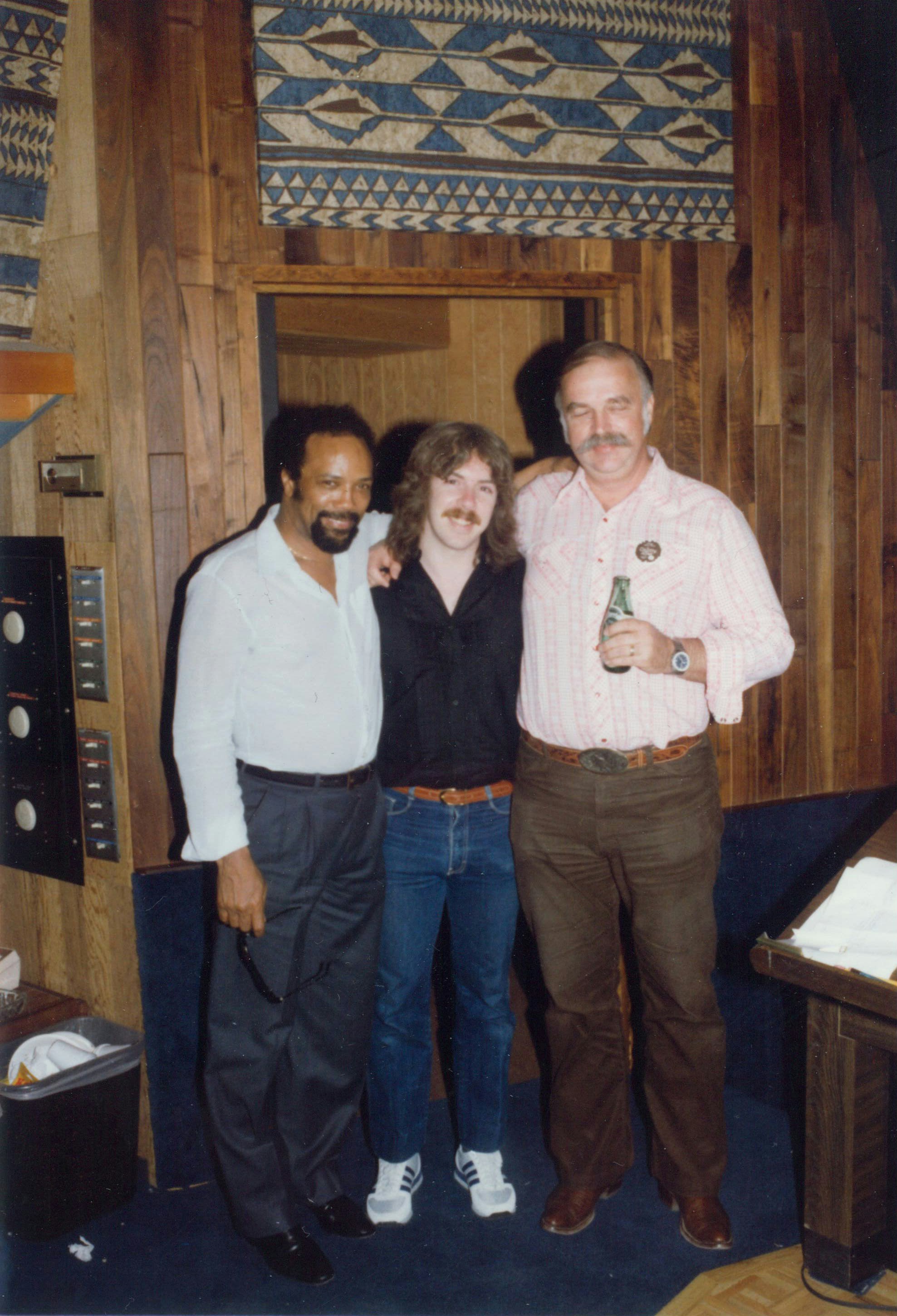 Quincy Jones, Matt Forger, and Bruce Swedien in the studio during the making of Michael Jackson’s <i>Thriller</i>. Photo courtesy of Matt Forger.